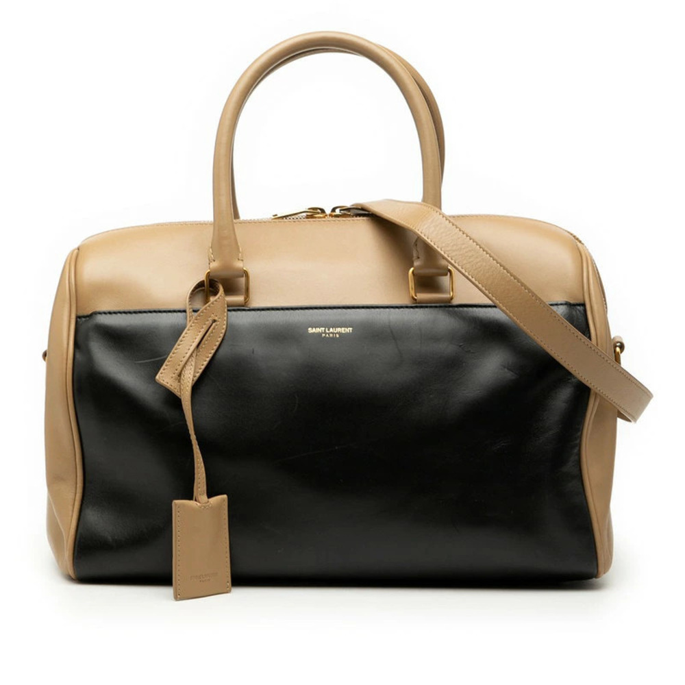 Saint Laurent Duffle Handbag Shoulder Bag Beige Black Leather